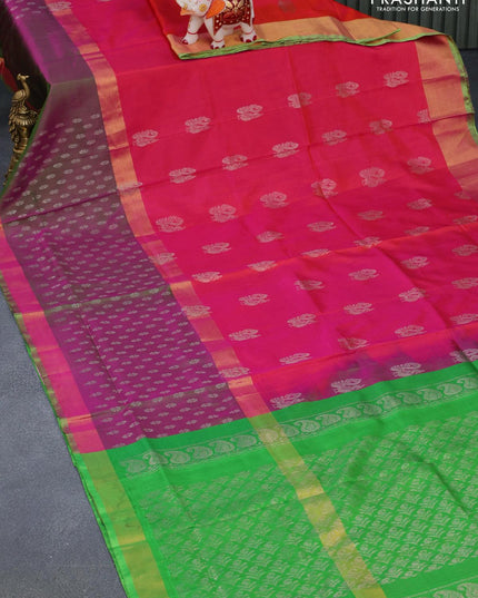 Pure uppada silk saree dual shade of pink and light green with silver zari woven annam buttas and zari woven border - {{ collection.title }} by Prashanti Sarees