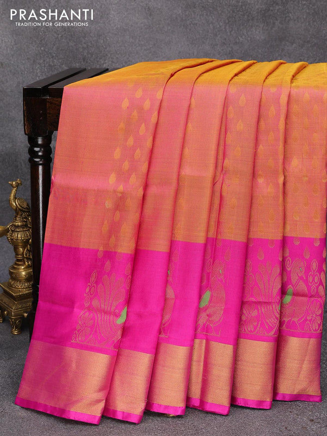 Pure uppada silk saree dual shade of pinkish yellow and pink with allover zari woven tilak butta weaves and long annam design zari woven border - {{ collection.title }} by Prashanti Sarees