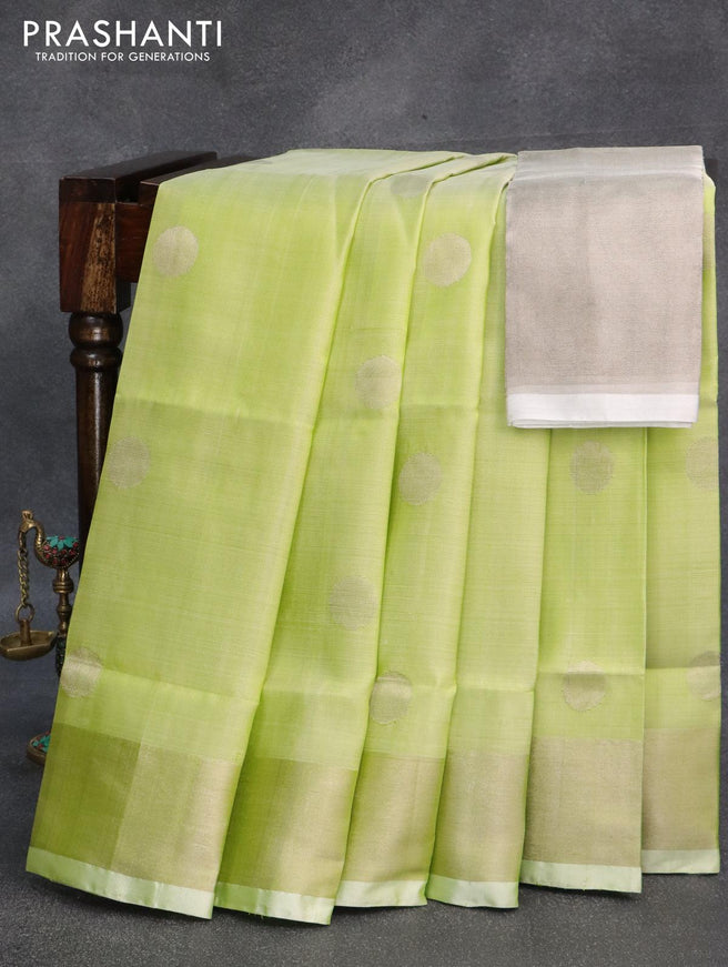 Pure uppada silk saree fluorescent green with silver zari woven coin buttas and silver zari woven border - {{ collection.title }} by Prashanti Sarees