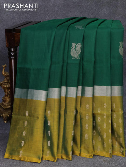 Pure uppada silk saree green and mehendi green with silver zari woven annam buttas and silver zari woven butta border - {{ collection.title }} by Prashanti Sarees
