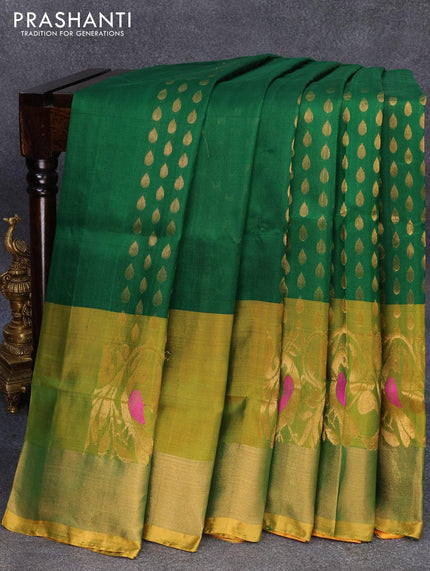 Pure uppada silk saree green and mustard yellow with zari woven tilak buttas and peacock design zari woven border - {{ collection.title }} by Prashanti Sarees