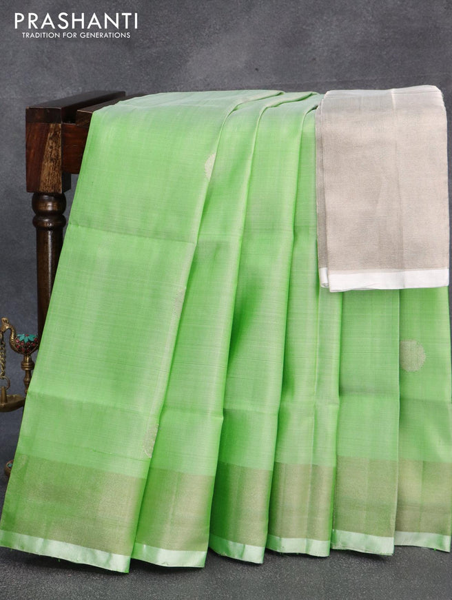 Pure uppada silk saree light green with silver zari woven coin buttas and silver zari woven border - {{ collection.title }} by Prashanti Sarees