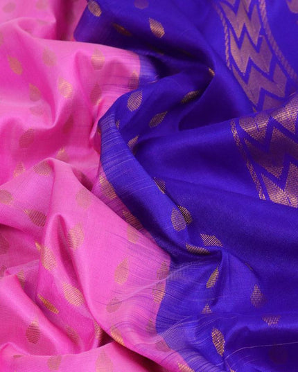 Pure uppada silk saree light pink and blue with zari woven tilak buttas and peacock design zari woven border - {{ collection.title }} by Prashanti Sarees