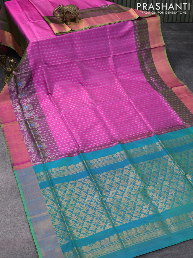 Pure uppada silk saree light pink and pink with allover silver zari woven butta weaves and floral design silver zari woven border - {{ collection.title }} by Prashanti Sarees