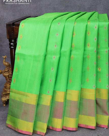 Pure uppada silk saree parrot green and pink with allover silver & gold zari woven buttas and rettapet zari woven border - {{ collection.title }} by Prashanti Sarees