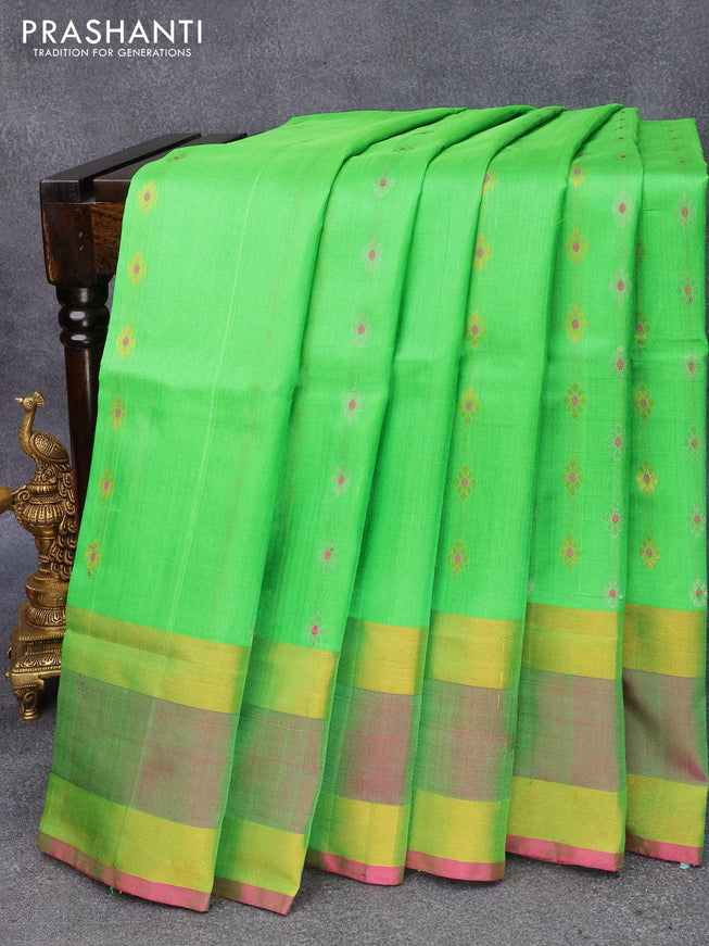Pure uppada silk saree parrot green and pink with allover silver & gold zari woven buttas and rettapet zari woven border - {{ collection.title }} by Prashanti Sarees
