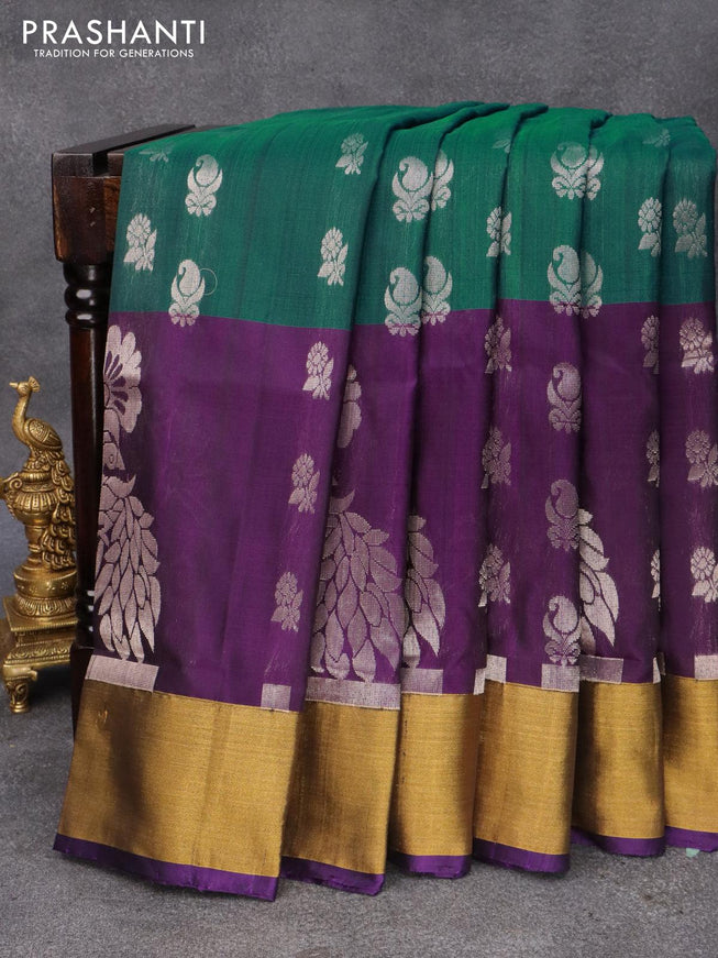 Pure uppada silk saree peacock green and deep violet with silver zari woven buttas and zari woven border - {{ collection.title }} by Prashanti Sarees
