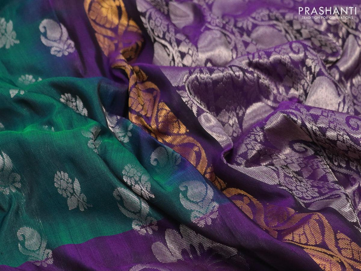 Pure uppada silk saree peacock green and deep violet with silver zari woven buttas and zari woven border - {{ collection.title }} by Prashanti Sarees