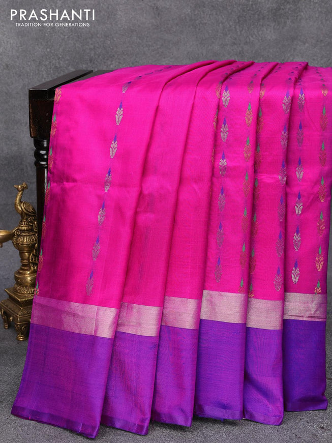 Pure uppada silk saree pink and blue with allover silver & gold zari woven buttas and silver zari woven simple border - {{ collection.title }} by Prashanti Sarees