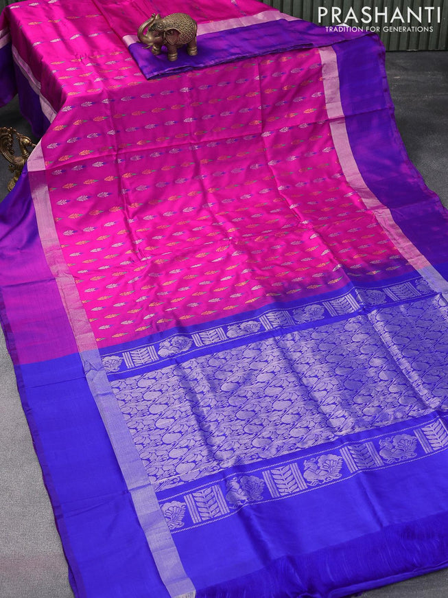 Pure uppada silk saree pink and blue with allover silver & gold zari woven buttas and silver zari woven simple border - {{ collection.title }} by Prashanti Sarees