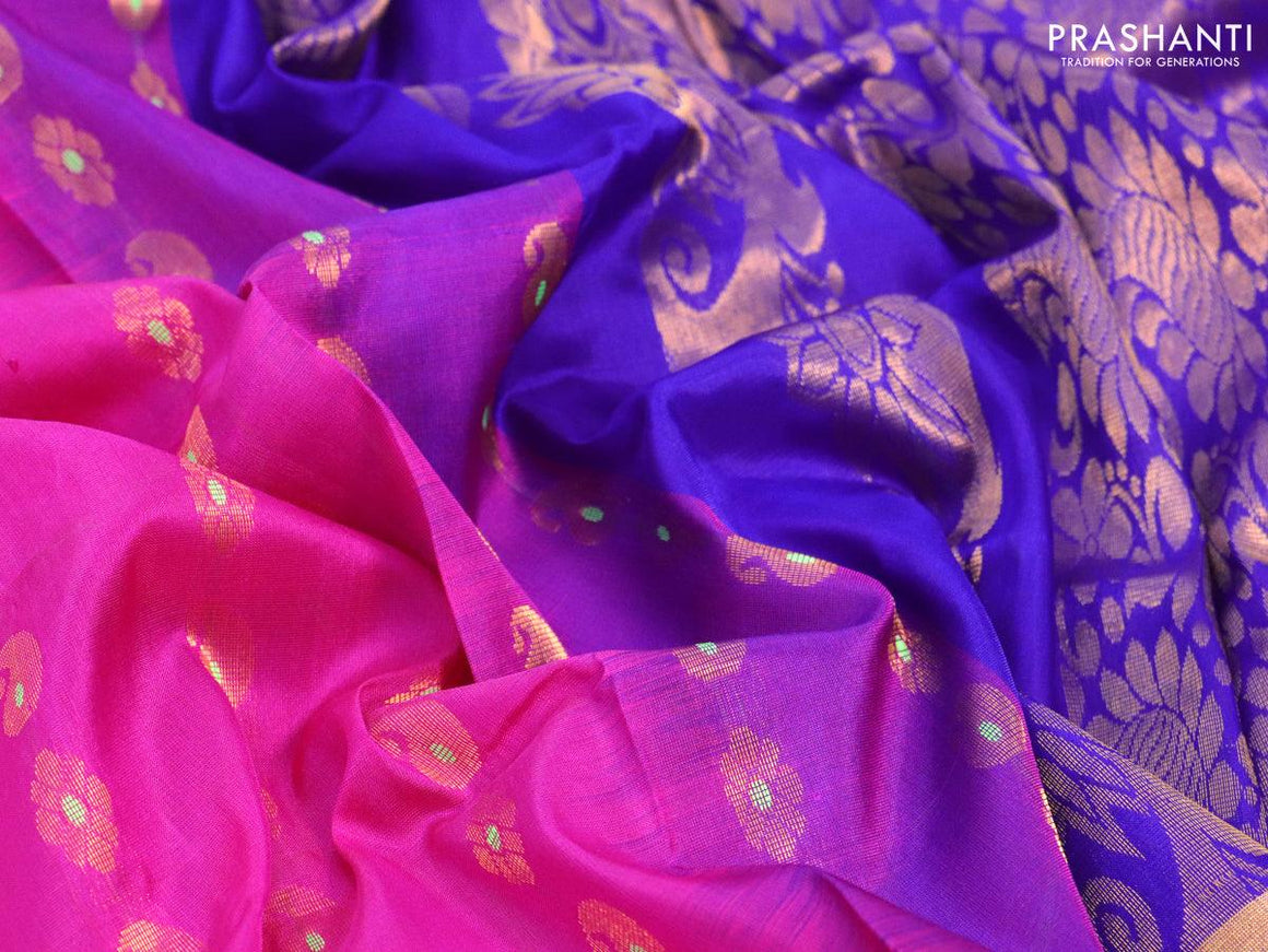 Pure uppada silk saree pink and blue with allover thread & zari woven buttas and zari woven simple border - {{ collection.title }} by Prashanti Sarees