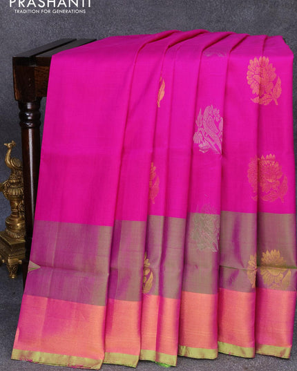 Pure uppada silk saree pink and light green with silver & gold zari woven buttas and zari woven border - {{ collection.title }} by Prashanti Sarees