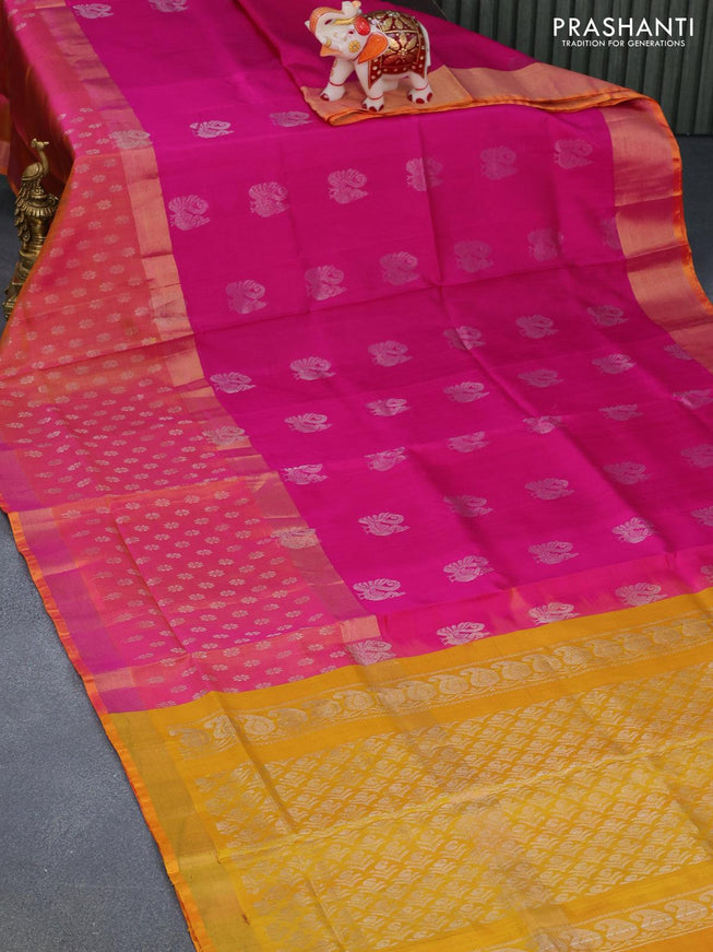 Pure uppada silk saree pink and mustard yellow with silver zari woven annam buttas and zari woven border - {{ collection.title }} by Prashanti Sarees