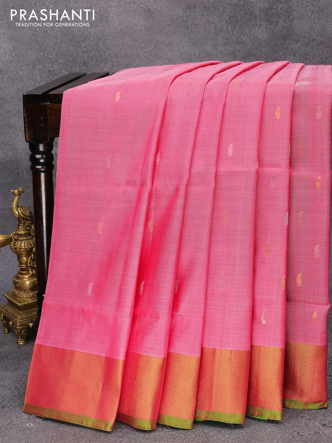Pure uppada silk saree pink shade and green with allover silver & gold zari woven buttas and zari woven border - {{ collection.title }} by Prashanti Sarees