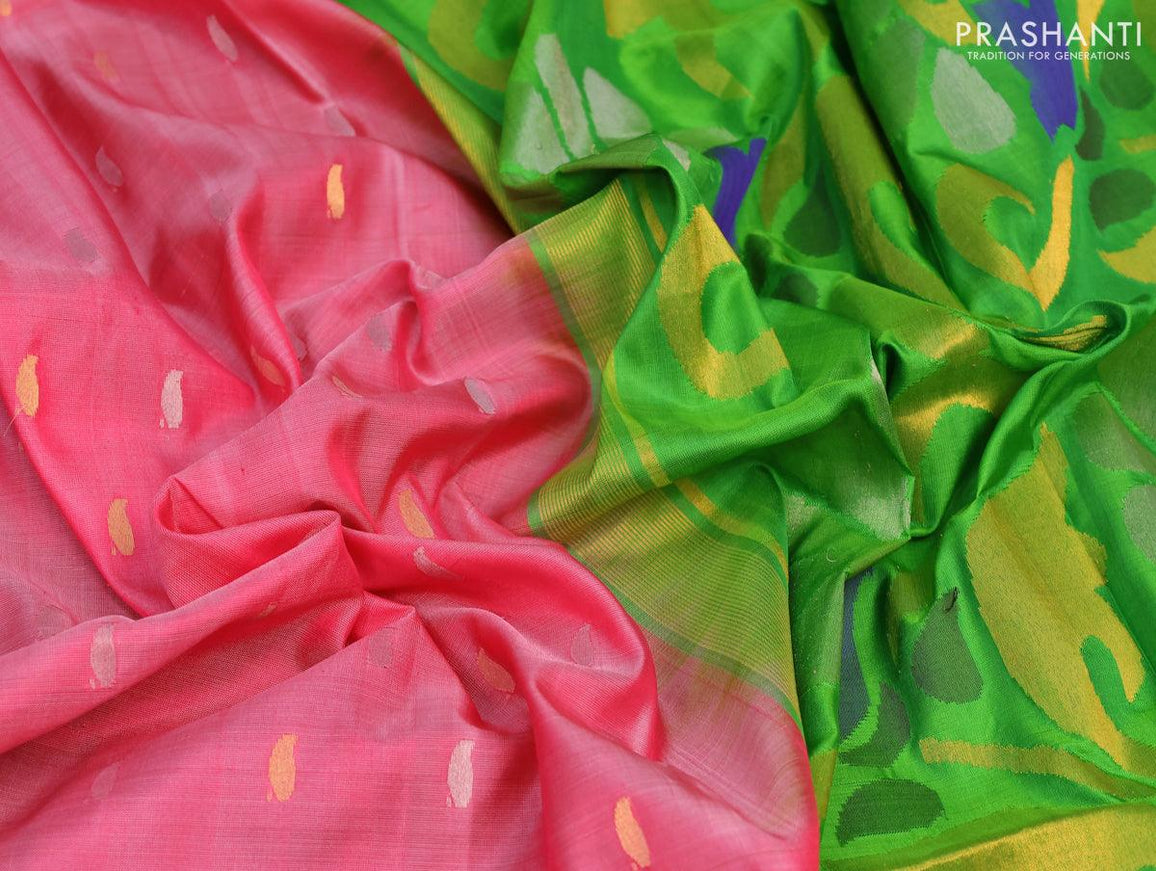 Pure uppada silk saree pink shade and green with allover silver & gold zari woven buttas and zari woven border - {{ collection.title }} by Prashanti Sarees