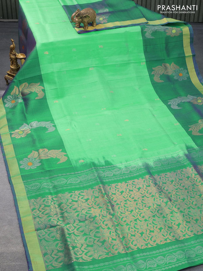 Pure uppada silk saree teal green and dual shade of greenish blue with silver & gold zari woven buttas and zari woven floral butta border - {{ collection.title }} by Prashanti Sarees