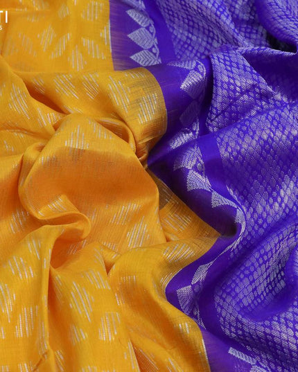 Pure uppada silk saree yellow and blue with allover zari woven geometric weaves and silver zari woven border-UFO2619 - {{ collection.title }} by Prashanti Sarees