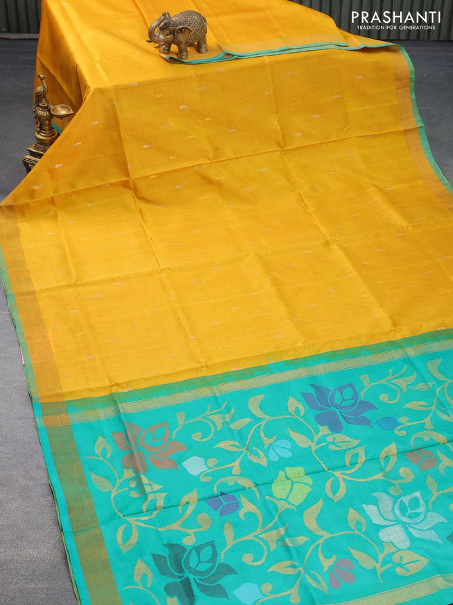 Pure uppada silk saree yellow and teal green with thread & silver zari woven paisley buttas and piping border - {{ collection.title }} by Prashanti Sarees