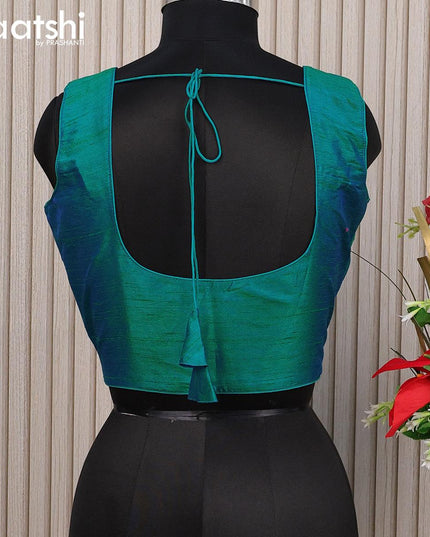 Raw silk readymade blouse dual shade of teal blue with plain body & sleeve attached and back knot - {{ collection.title }} by Prashanti Sarees