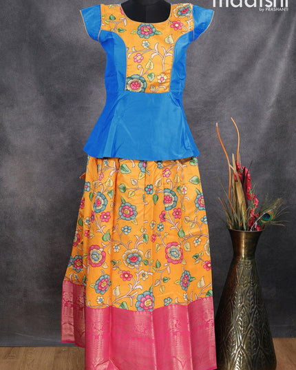 Raw silk readymade kids lehenga blue and mango yellow with patch work neck pattern and kalamkari prints & long zari woven border for 13 years - {{ collection.title }} by Prashanti Sarees