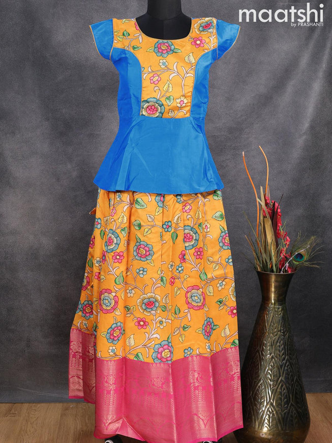 Raw silk readymade kids lehenga blue and mango yellow with patch work neck pattern and kalamkari prints & long zari woven border for 13 years - {{ collection.title }} by Prashanti Sarees