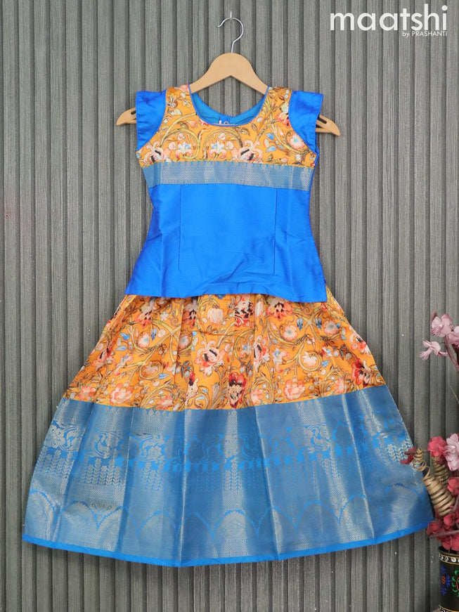 Raw silk readymade kids lehenga blue and mango yellow with patch work neck pattern and kalamkari prints & long zari woven border for 6 years - {{ collection.title }} by Prashanti Sarees