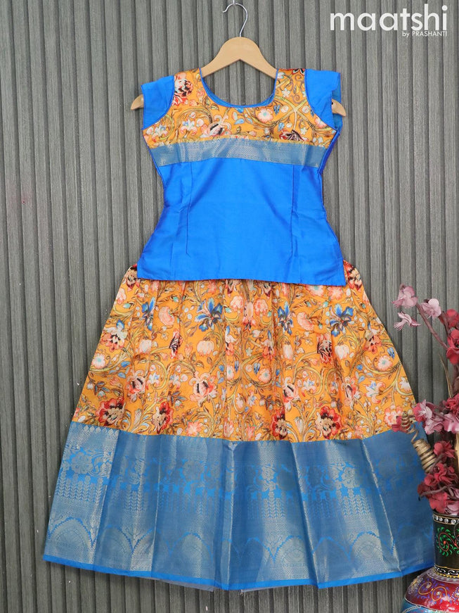 Raw silk readymade kids lehenga blue and mango yellow with patch work neck pattern and kalamkari prints & long zari woven border for 8 years - {{ collection.title }} by Prashanti Sarees