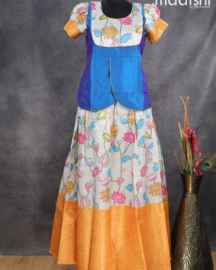 Raw silk readymade kids lehenga blue and pastel grey with patch work neck pattern and kalamkari prints & long zari woven border for 15 years - {{ collection.title }} by Prashanti Sarees