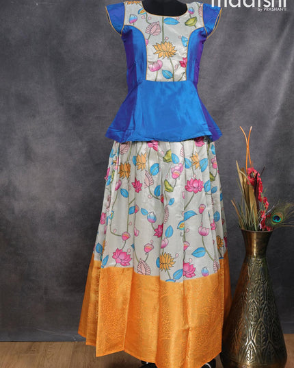 Raw silk readymade kids lehenga blue and pastel grey with patch work neck pattern and kalamkari prints & long zari woven border for 15 years - {{ collection.title }} by Prashanti Sarees