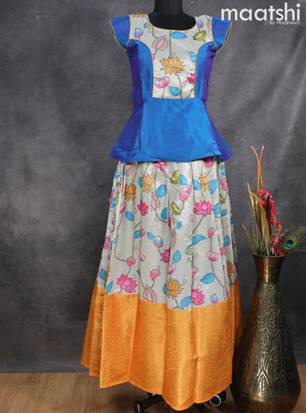 Raw silk readymade kids lehenga blue and pastel grey with patch work neck pattern and kalamkari prints & long zari woven border for 15 years - {{ collection.title }} by Prashanti Sarees