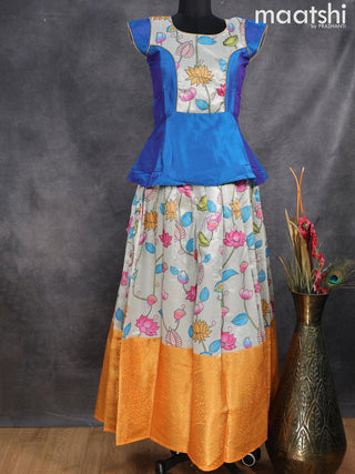 Raw silk readymade kids lehenga blue and pastel grey with patch work neck pattern and kalamkari prints & long zari woven border for 15 years