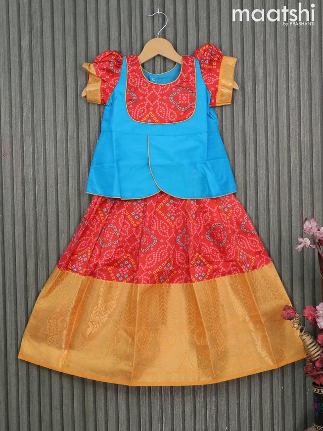 Raw silk readymade kids lehenga blue and red with patch work neck pattern and bandhani prints & long zari woven border for 5 years - {{ collection.title }} by Prashanti Sarees