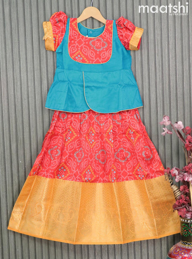 Raw silk readymade kids lehenga blue and red with patch work neck pattern and bandhani prints & long zari woven border for 7 years - {{ collection.title }} by Prashanti Sarees