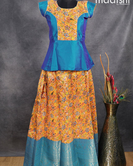 Raw silk readymade kids lehenga blue and yellow with patch work neck pattern and kalamkari prints & long zari woven border for 13 years - {{ collection.title }} by Prashanti Sarees