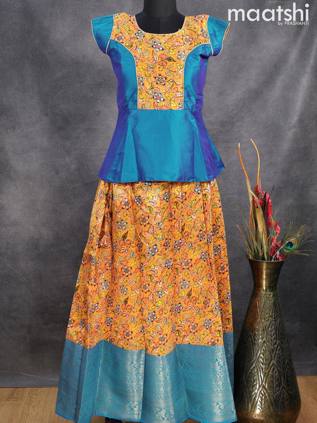Raw silk readymade kids lehenga blue and yellow with patch work neck pattern and kalamkari prints & long zari woven border for 13 years - {{ collection.title }} by Prashanti Sarees