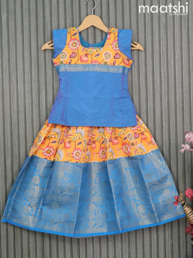 Raw silk readymade kids lehenga blue and yellow with patch work neck pattern and kalamkari prints & long zari woven border for 5 years - {{ collection.title }} by Prashanti Sarees