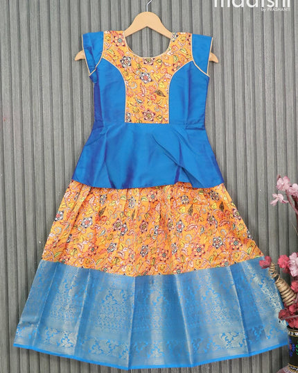 Raw silk readymade kids lehenga blue and yellow with patch work neck pattern and kalamkari prints & long zari woven border for 7 years - {{ collection.title }} by Prashanti Sarees