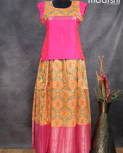 Raw silk readymade kids lehenga candy pink and yellow with patch work neck pattern and bandhani prints & long zari woven border for 15 years - {{ collection.title }} by Prashanti Sarees