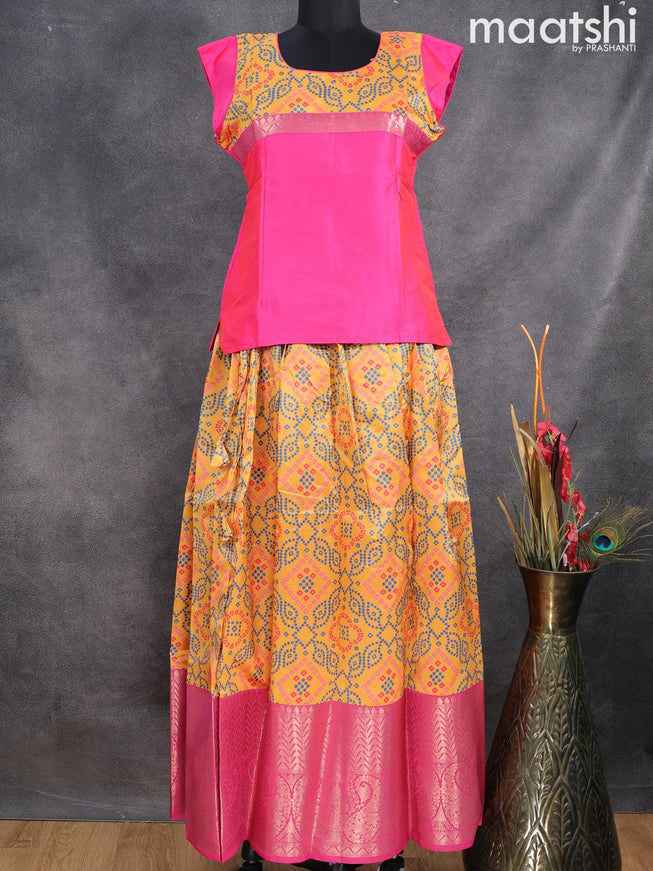 Raw silk readymade kids lehenga candy pink and yellow with patch work neck pattern and bandhani prints & long zari woven border for 15 years - {{ collection.title }} by Prashanti Sarees