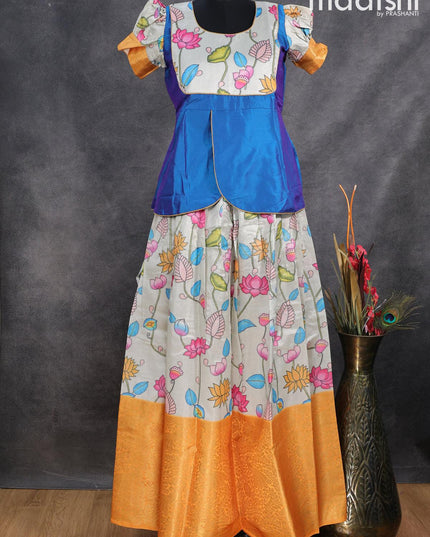 Raw silk readymade kids lehenga cs blue and grey with patch work neck pattern and kalamkari prints & long zari woven border for 16 years - {{ collection.title }} by Prashanti Sarees