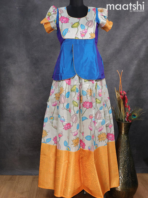 Raw silk readymade kids lehenga cs blue and grey with patch work neck pattern and kalamkari prints & long zari woven border for 16 years - {{ collection.title }} by Prashanti Sarees