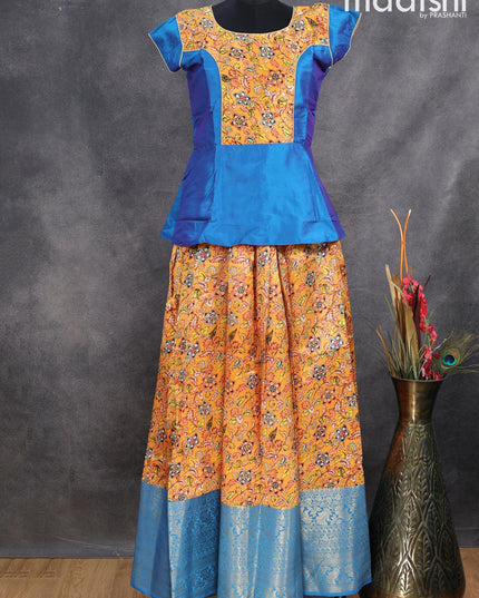 Raw silk readymade kids lehenga cs blue and mustard yellow with patch work neck pattern and floral prints & long zari woven border for 16 years - {{ collection.title }} by Prashanti Sarees