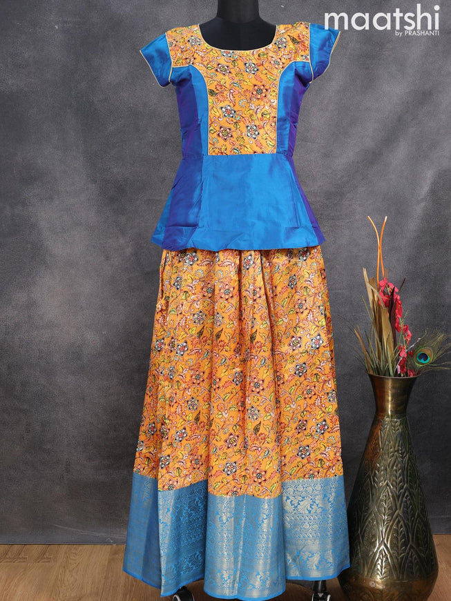 Raw silk readymade kids lehenga cs blue and mustard yellow with patch work neck pattern and floral prints & long zari woven border for 16 years - {{ collection.title }} by Prashanti Sarees