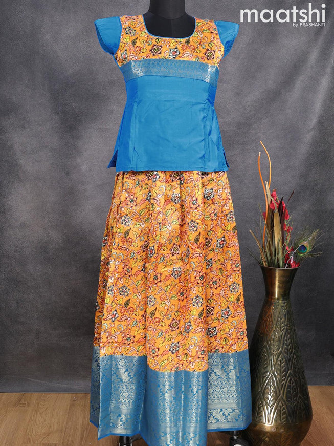Raw silk readymade kids lehenga cs blue and yellow with patch work neck pattern and kalamkari prints & long zari woven border for 12 year - {{ collection.title }} by Prashanti Sarees