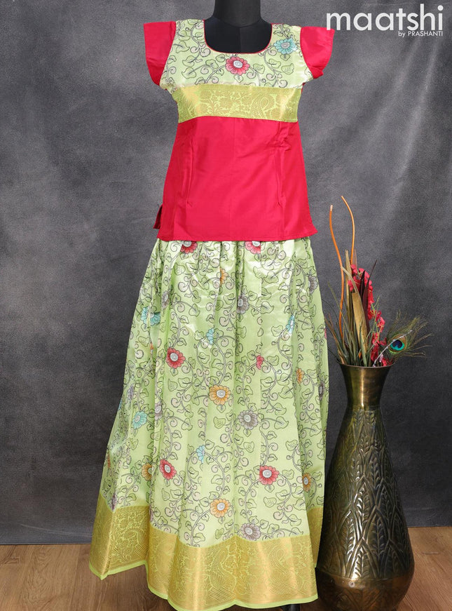 Raw silk readymade kids lehenga dark pink and pista green with patch work neck pattern and kalamkari prints & zari woven border for 13 years - {{ collection.title }} by Prashanti Sarees