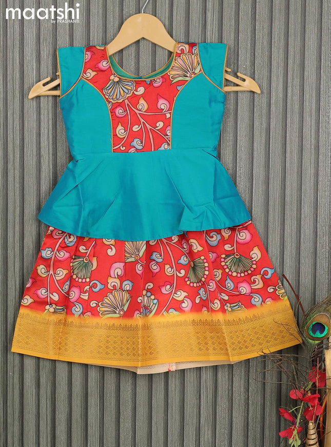 Raw silk readymade kids lehenga dual shade of blue and red with patch work neck pattern and kalamkari prints & zari woven border for 1 year - {{ collection.title }} by Prashanti Sarees