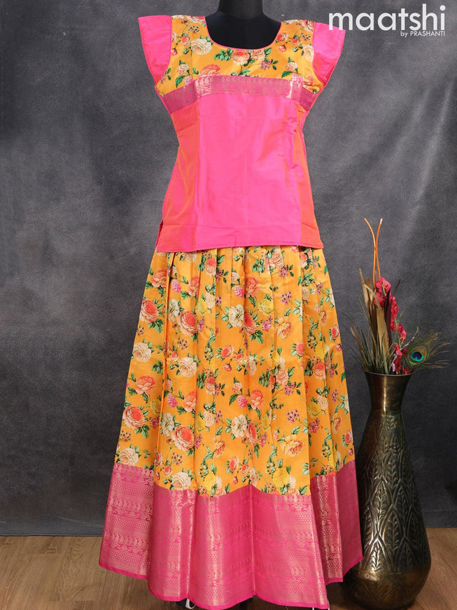 Raw silk readymade kids lehenga dual shade of pink and mustard yellow with patch work neck pattern and kalamkari prints & long zari woven border for 16 years - {{ collection.title }} by Prashanti Sarees