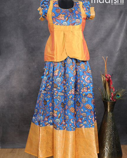 Raw silk readymade kids lehenga dual shade of yellow and blue with patch work neck pattern and kalamkari prints & long zari woven border for 14 years - {{ collection.title }} by Prashanti Sarees