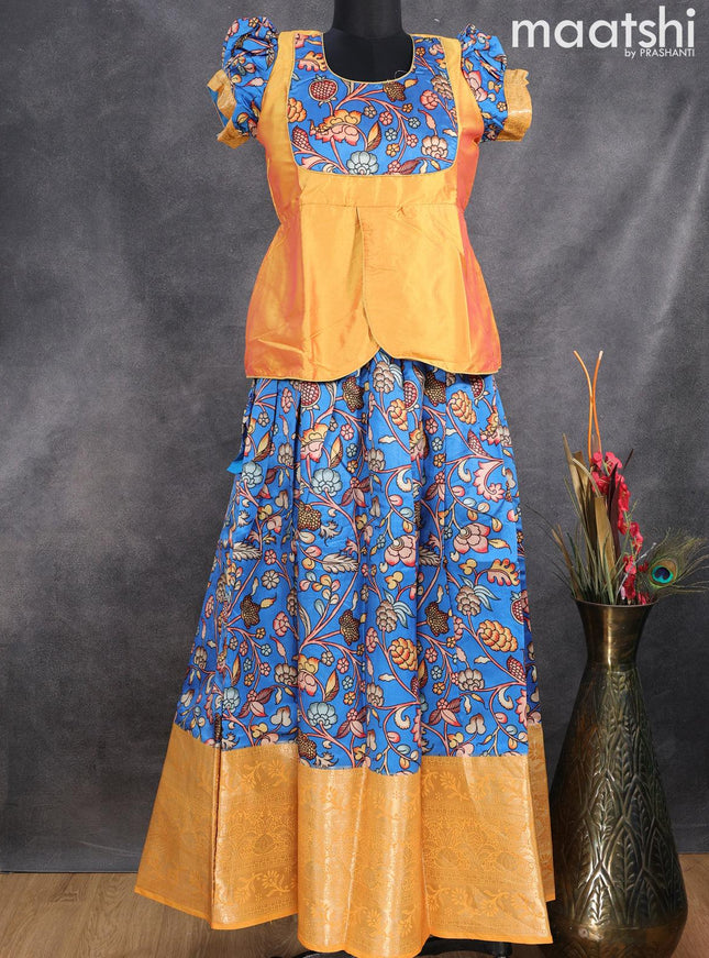 Raw silk readymade kids lehenga dual shade of yellow and blue with patch work neck pattern and kalamkari prints & long zari woven border for 14 years - {{ collection.title }} by Prashanti Sarees