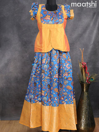 Raw silk readymade kids lehenga dual shade of yellow and blue with patch work neck pattern and kalamkari prints & long zari woven border for 14 years